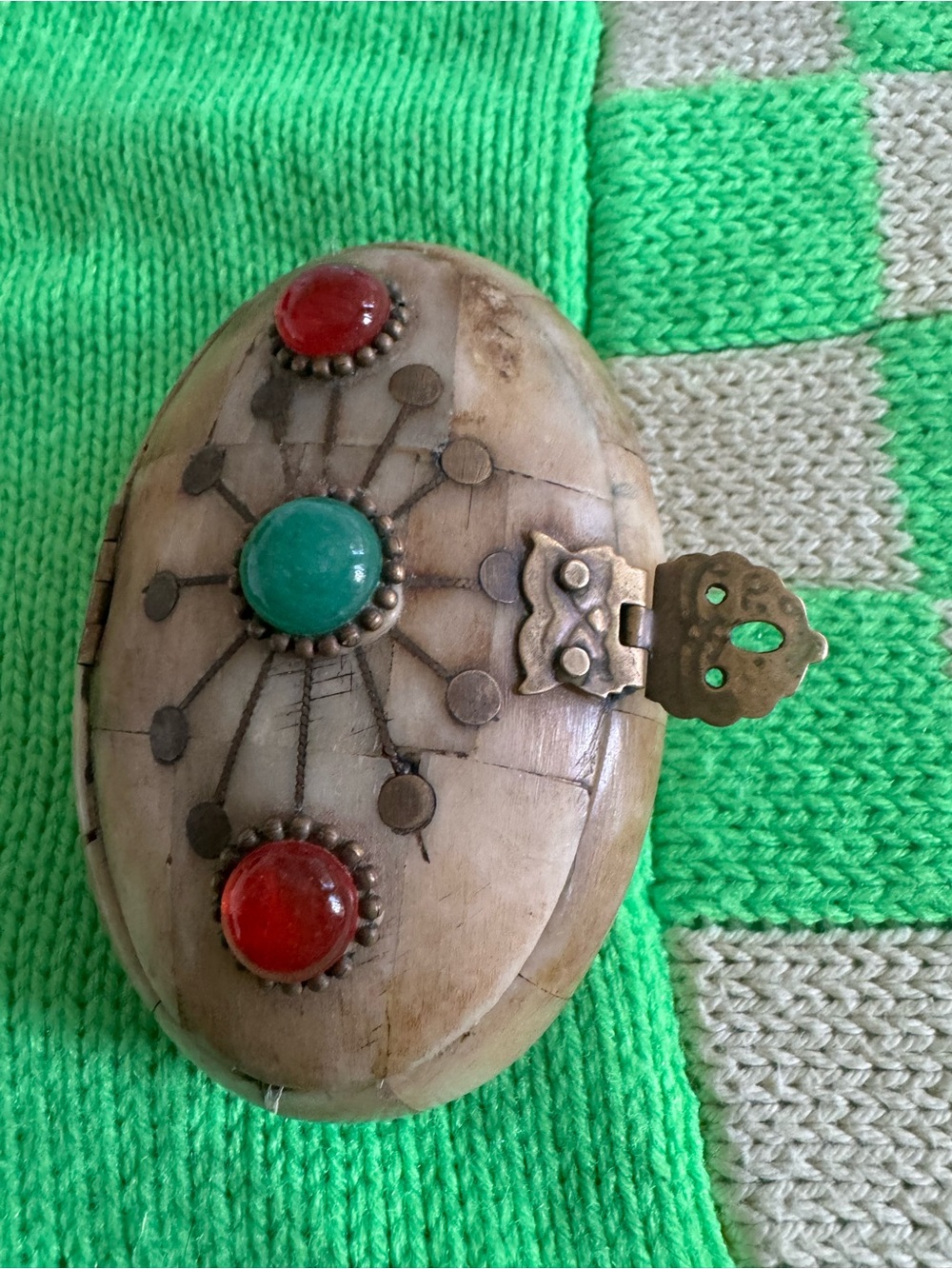 Vintage Ivory Decorative Jewelry Storage Box with Red and Turquoise Accents